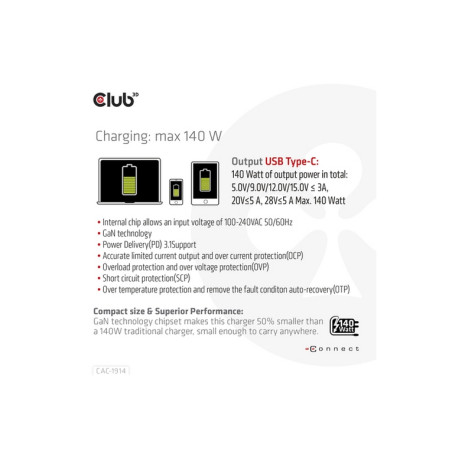 CLUB3D TRAVEL CHARGER 140 WATT GaN TECHN