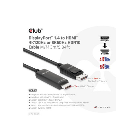 CLUB3D CAVO DISPLAYPORT 1.4 TO HDMI 4K14